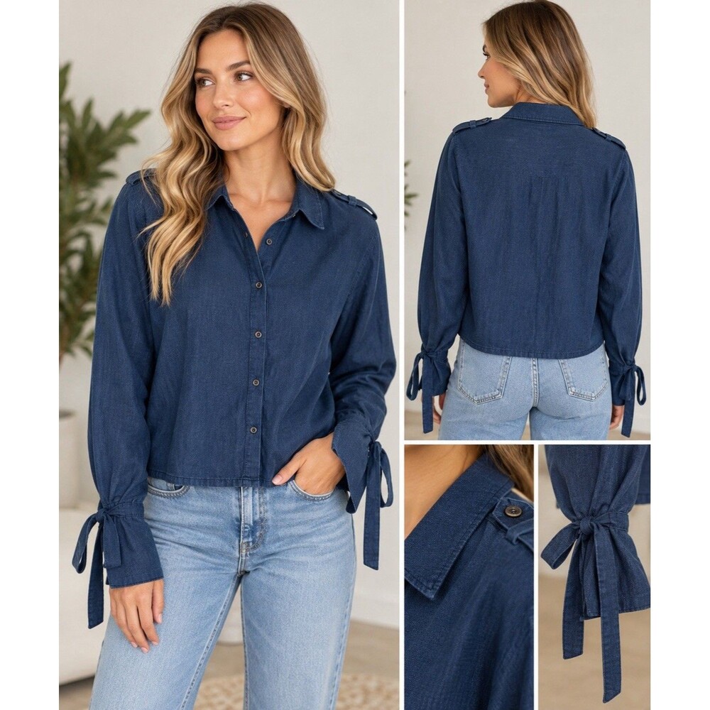 Pull&Bear Navy Blue Tie Cuff Button Front Long Sleeve Shirt Women’s Large NWT